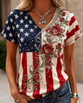 250th Anniversary National Flag Rose V-neck Short Sleeve Tshirt
