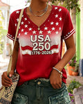 USA 250th Anniversary Patriotic Print V-neck Short Sleeve Tshirt