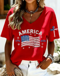 Women's Casual Anniversary Independence Day Flag Sequin Print V-neck Short Sleeve Tshirt