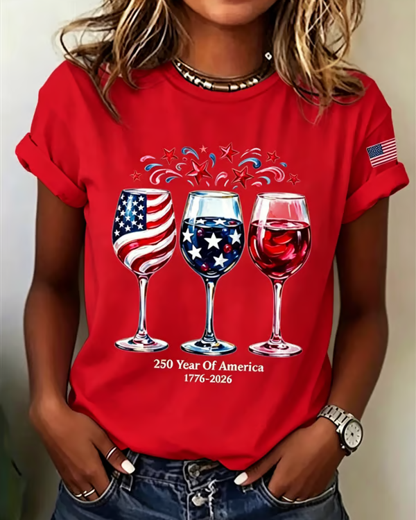 100% Cotton Women's 250th Novelty Wine Glasses Crew Neck Short Sleeve Tshirt
