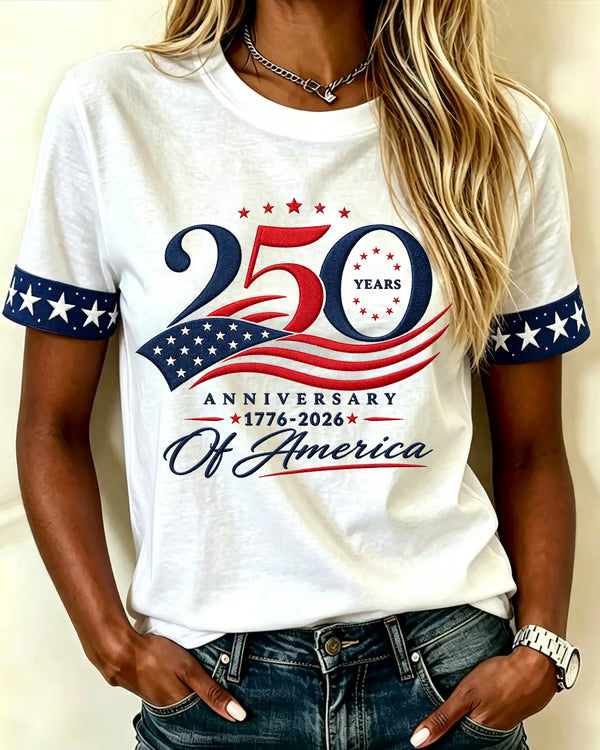 250th Anniversary Color-Block Lettering Print Crew Neck Short Sleeve Tshirt