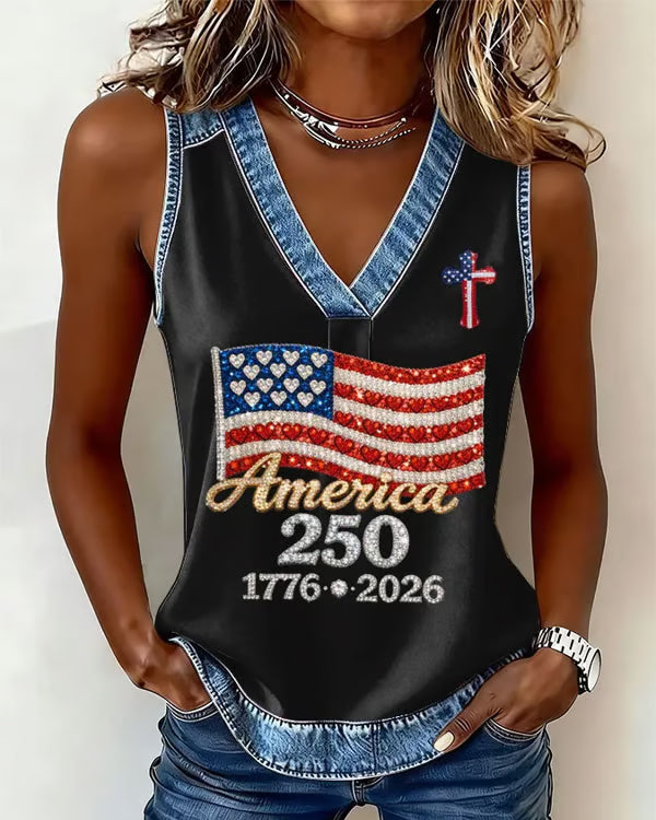 250th Anniversary Flag Cross Print V-Neck Tank Top