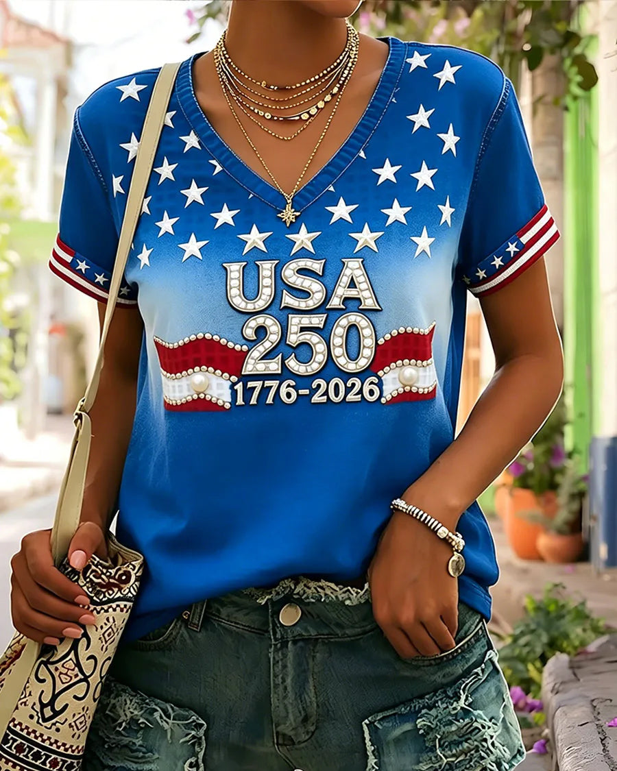 USA 250th Anniversary Patriotic Print V-neck Short Sleeve Tshirt