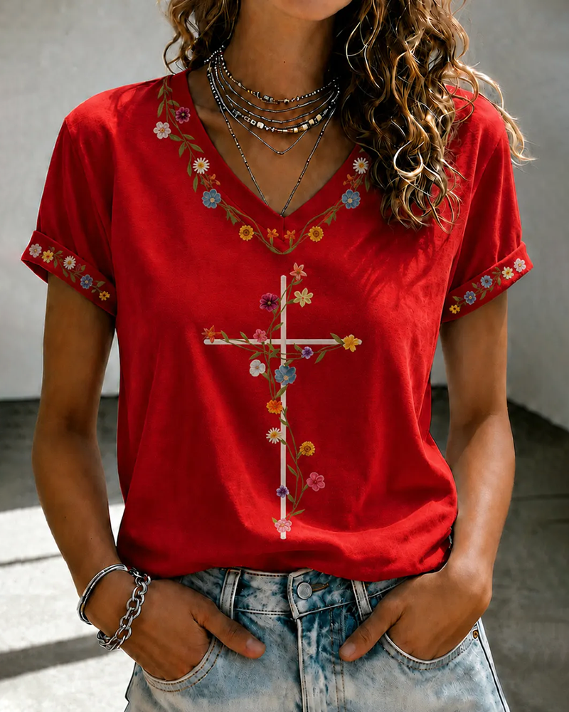 Floral Cross Print V-neck Short Sleeve Tshirt