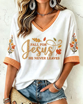 Grid Patchwork Fall For Jesus He Never Leaves Print V-neck Loose T-shirt