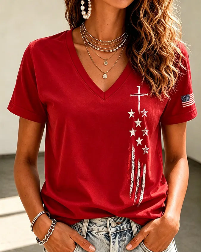 100% Cotton 250th Anniversary Star Cross V Neck Short Sleeve Tshirt