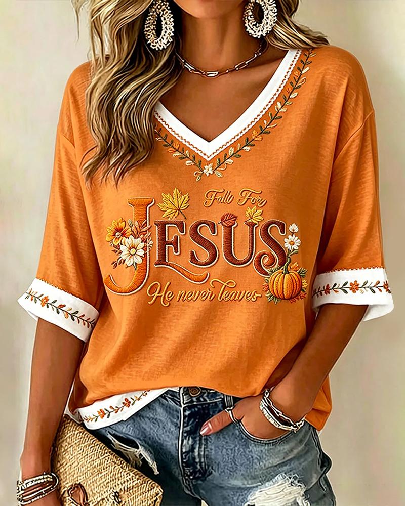 Pumpkin Flowers Fall for Jesus Print V-neck Loose T-shirt