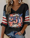 250th Anniversary Rose Eagle Print V-neck Half Sleeved Loose Top