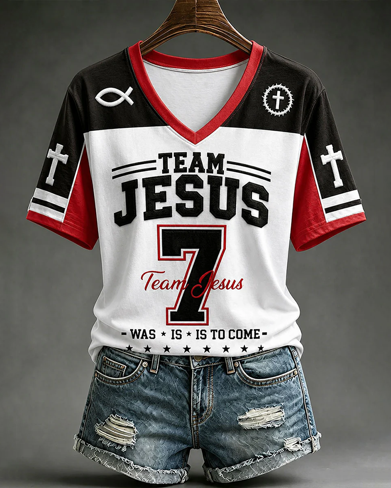 Women's Team Jesus Print V-neck Short Sleeve Tshirt