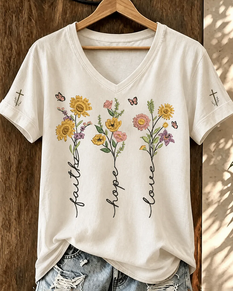 100% Cotton Bohemian Faith Flowers V Neck Short Sleeve Tshirt