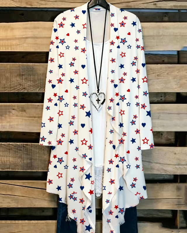 Contrasting Color Stars and Hearts Long Sleeve Casual Longline Cardigan