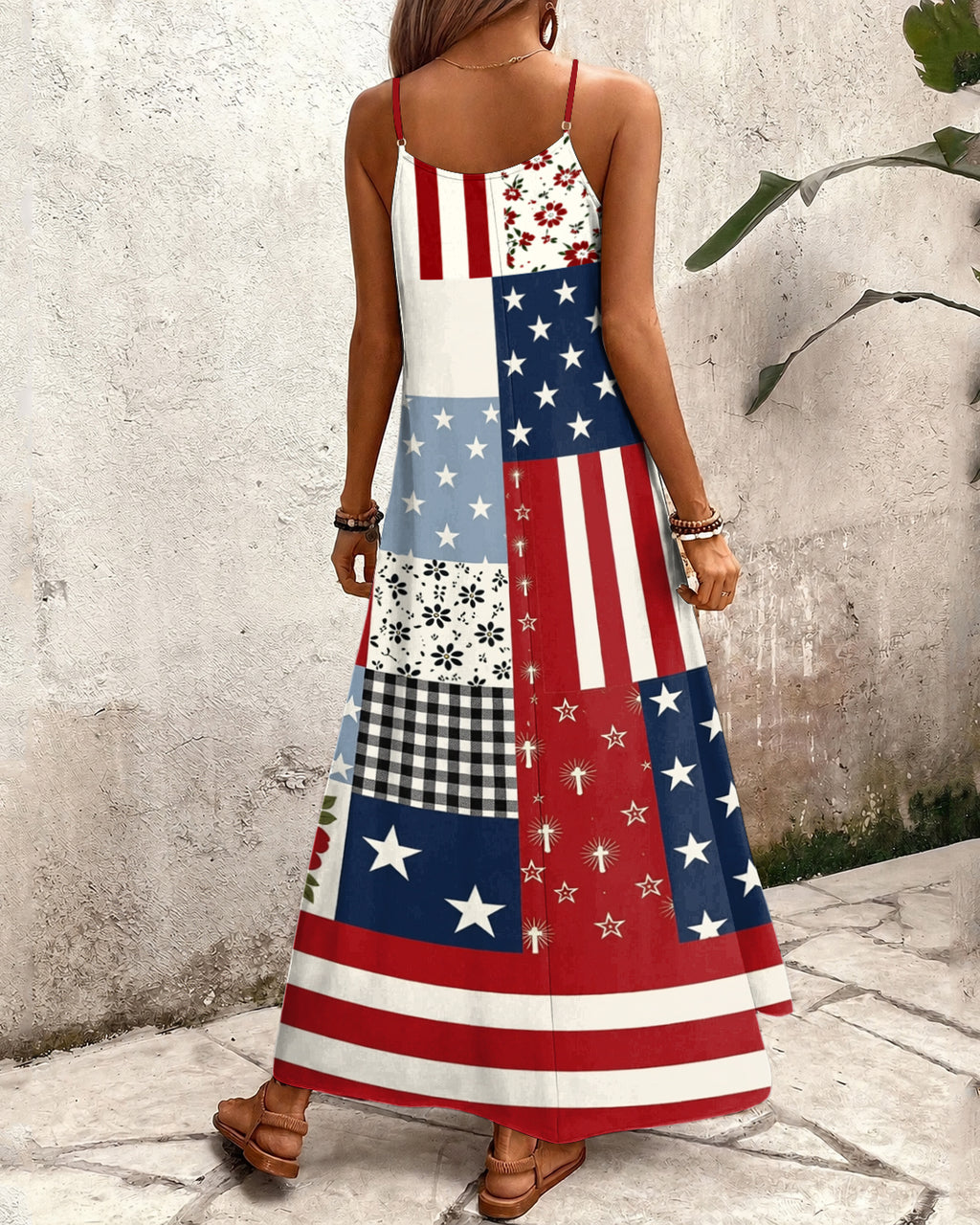 250th Anniversary Star Grid Patchwork Print Pocket Maxi Dress
