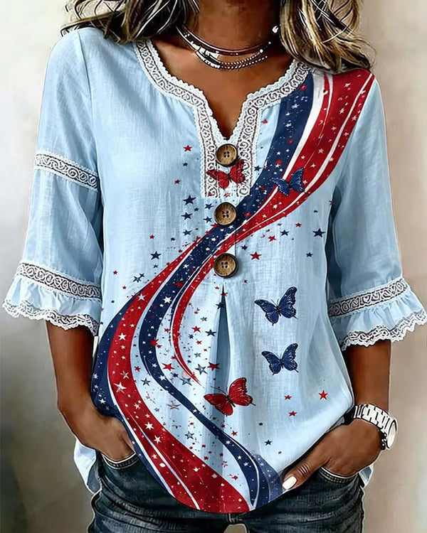 Wavy Striped Butterfly Prints Cotton Linen Shirt