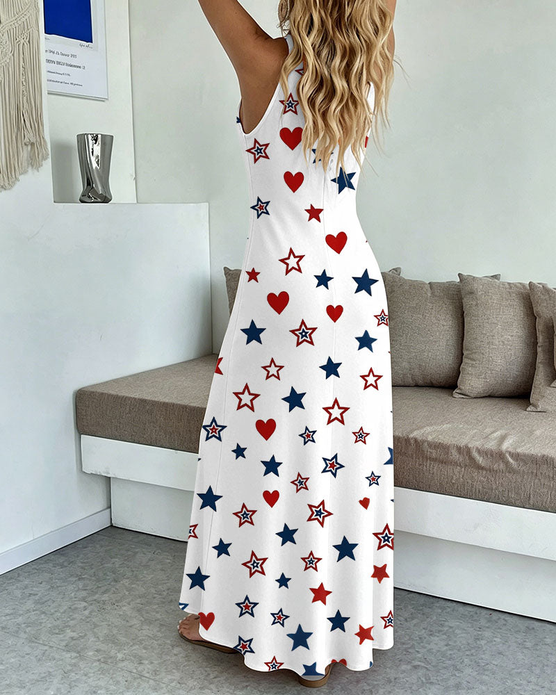 Contrasting Color Stars and Hearts Print Pocket Maxi Dress
