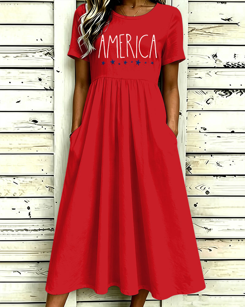 American Alphabet Stars Print Pocket Casual Dress