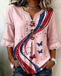 Wavy Striped Butterfly Prints Cotton Linen Shirt