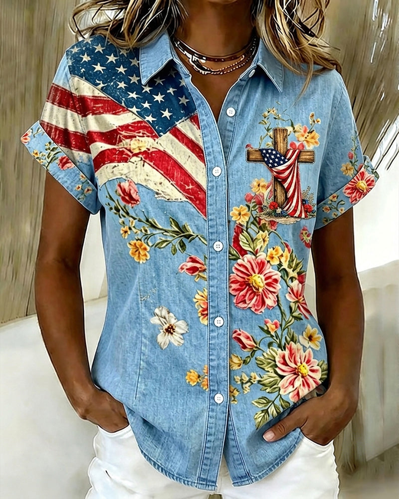 Flower Cross Graffiti Lapel Button-Down Short-Sleeved Shirt