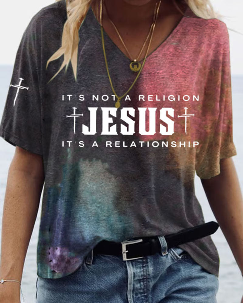 JESUS Theme Double Cross Print V-Neck Short Sleeve Tee