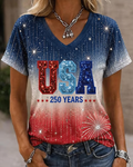 USA Gradient Firework Print V-neck Short Sleeve Tshirt