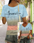 Cross Section Gradient JESUS Handwritten Cross Printed Short Sleeve T-shirt