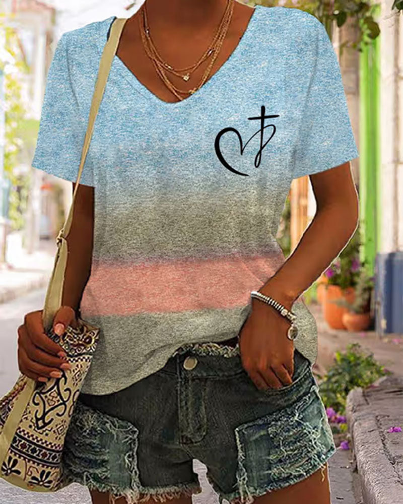 Cross Section Gradient JESUS Handwritten Cross Printed Short Sleeve T-shirt