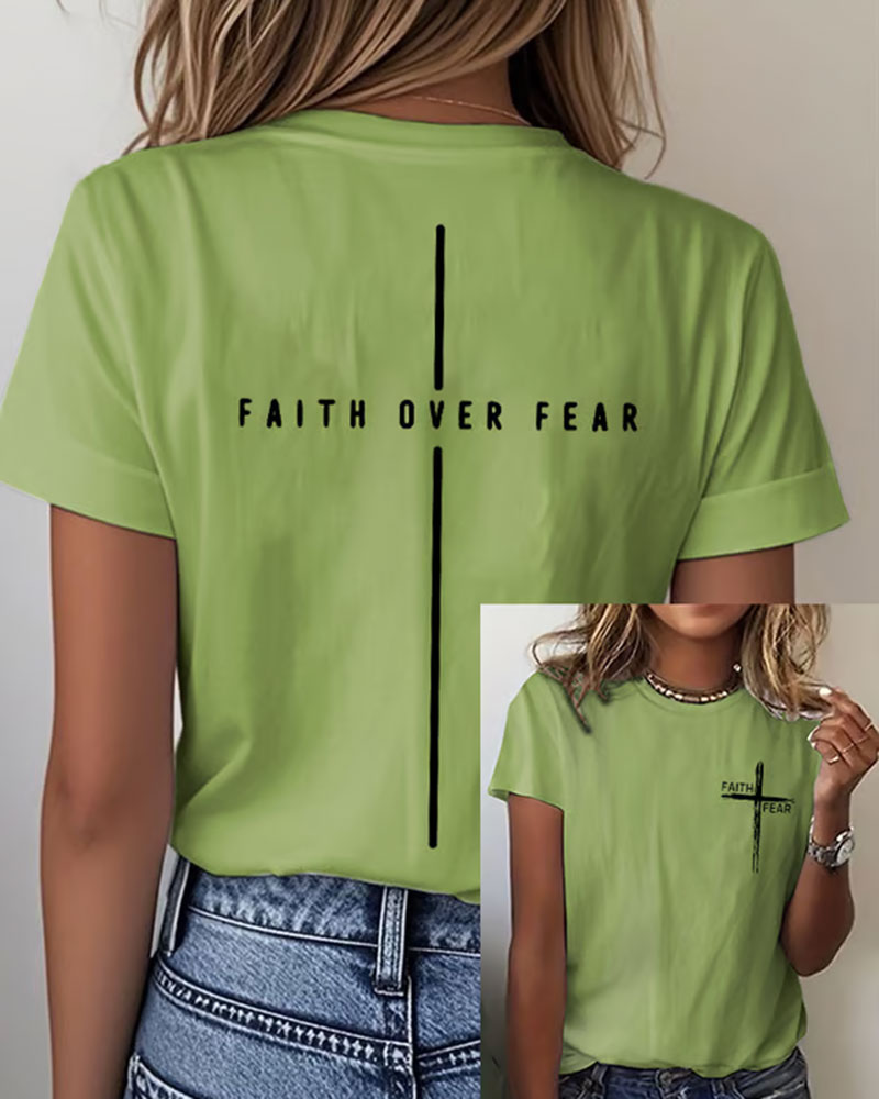 FAITH OVER FEAR Vertical Cross Printed Short Sleeve Tee
