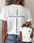 FAITH OVER FEAR Vertical Cross Printed Short Sleeve Tee