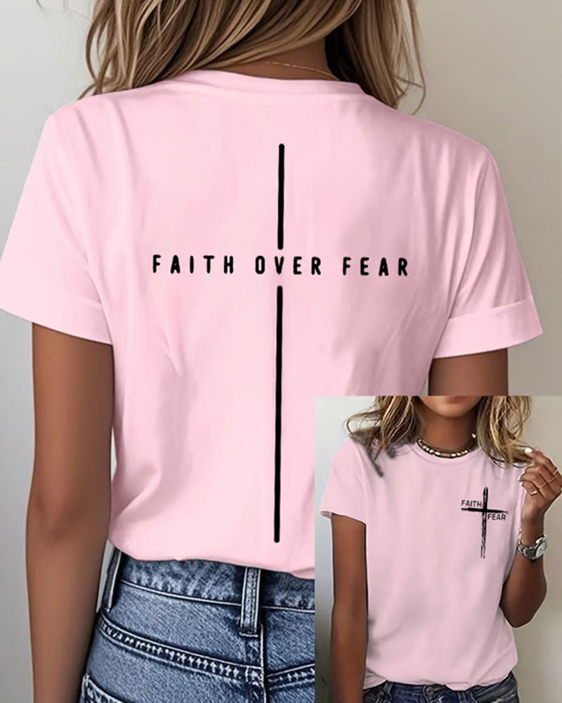 FAITH OVER FEAR Vertical Cross Printed Short Sleeve Tee