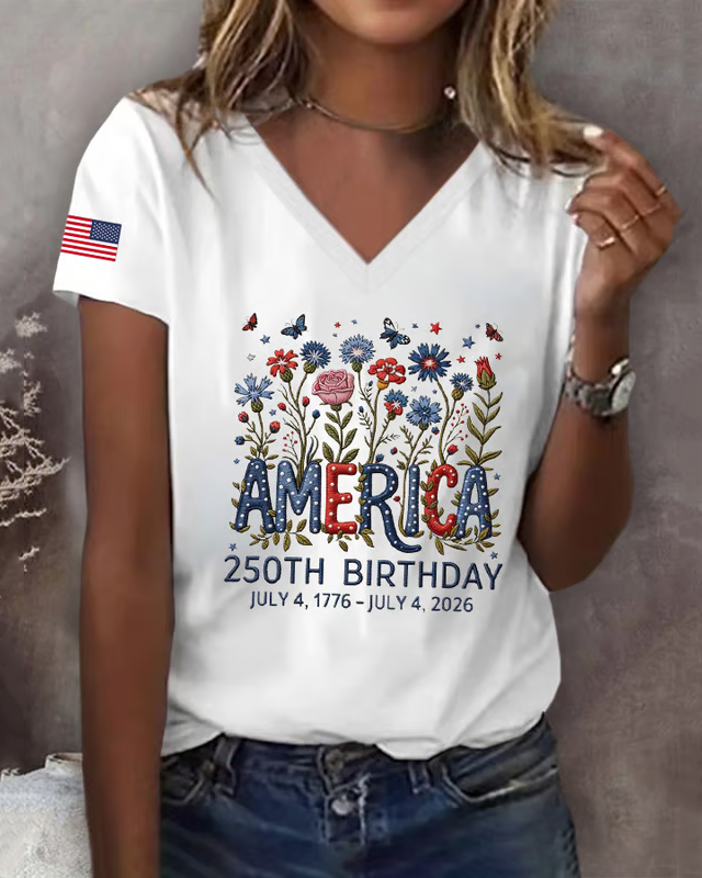 100% Cotton Women's America 250th Birthday Print V-neck Short Sleeve Tshirt