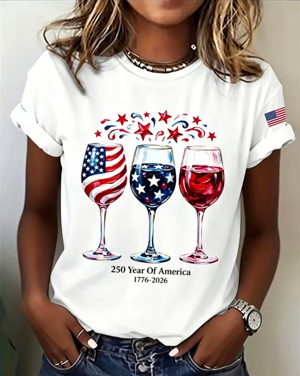 100% Cotton Women's 250th Novelty Wine Glasses Crew Neck Short Sleeve Tshirt