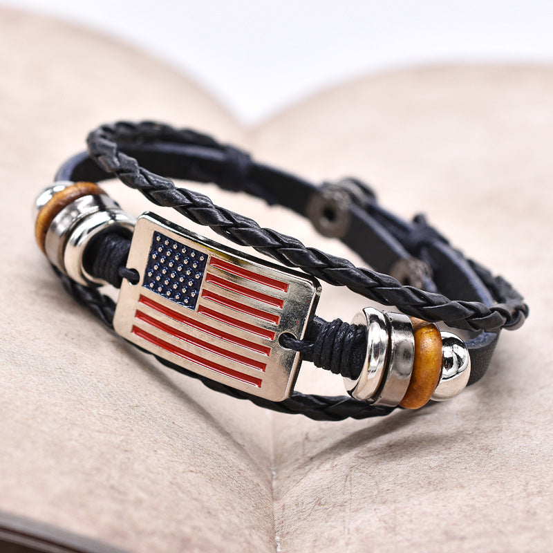 Retro American Flag Woven Leather Bracelet