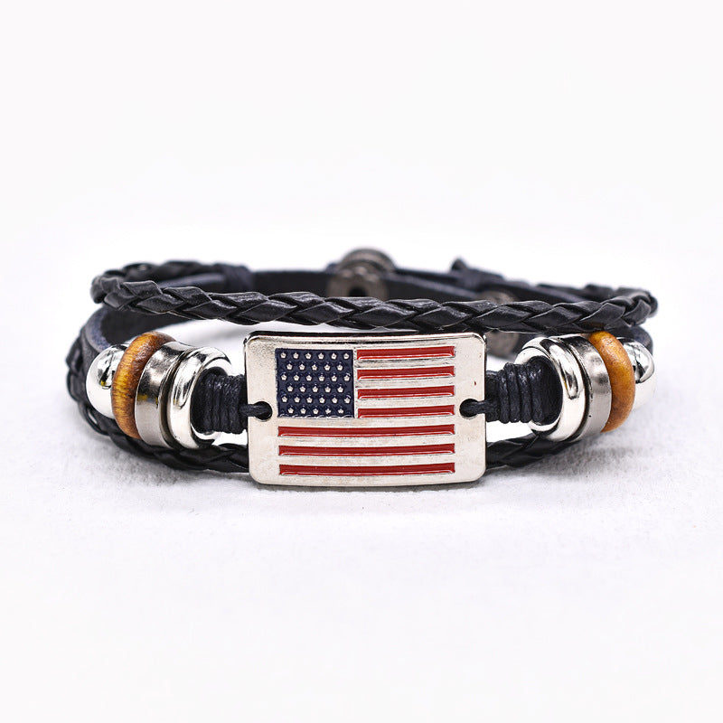 Retro American Flag Woven Leather Bracelet
