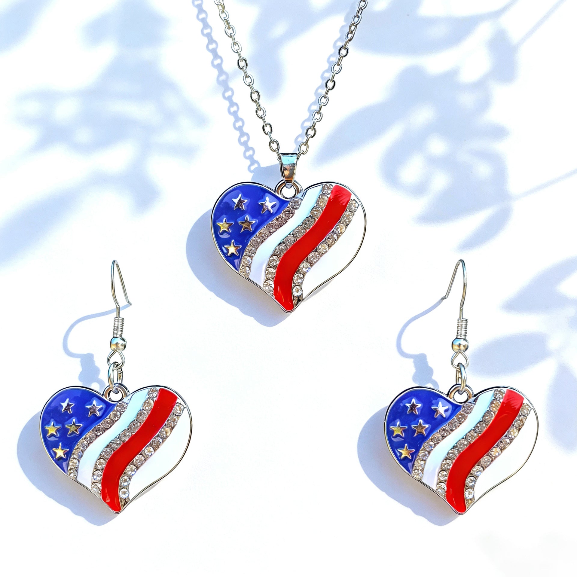 Independence Day Flag Color Five-pointed Star Love Map USA Alphabet Earrings Necklace Set