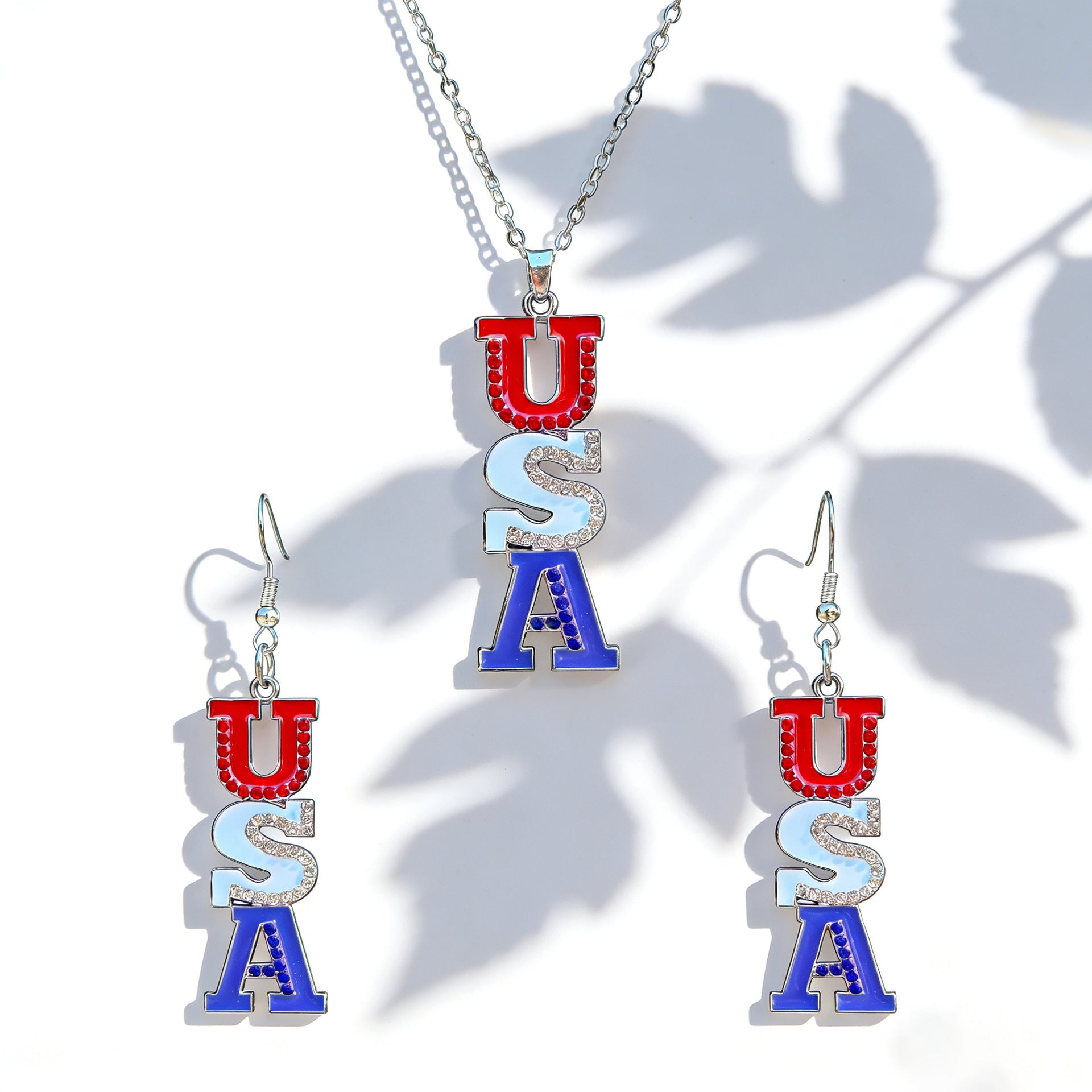 Independence Day Flag Color Five-pointed Star Love Map USA Alphabet Earrings Necklace Set