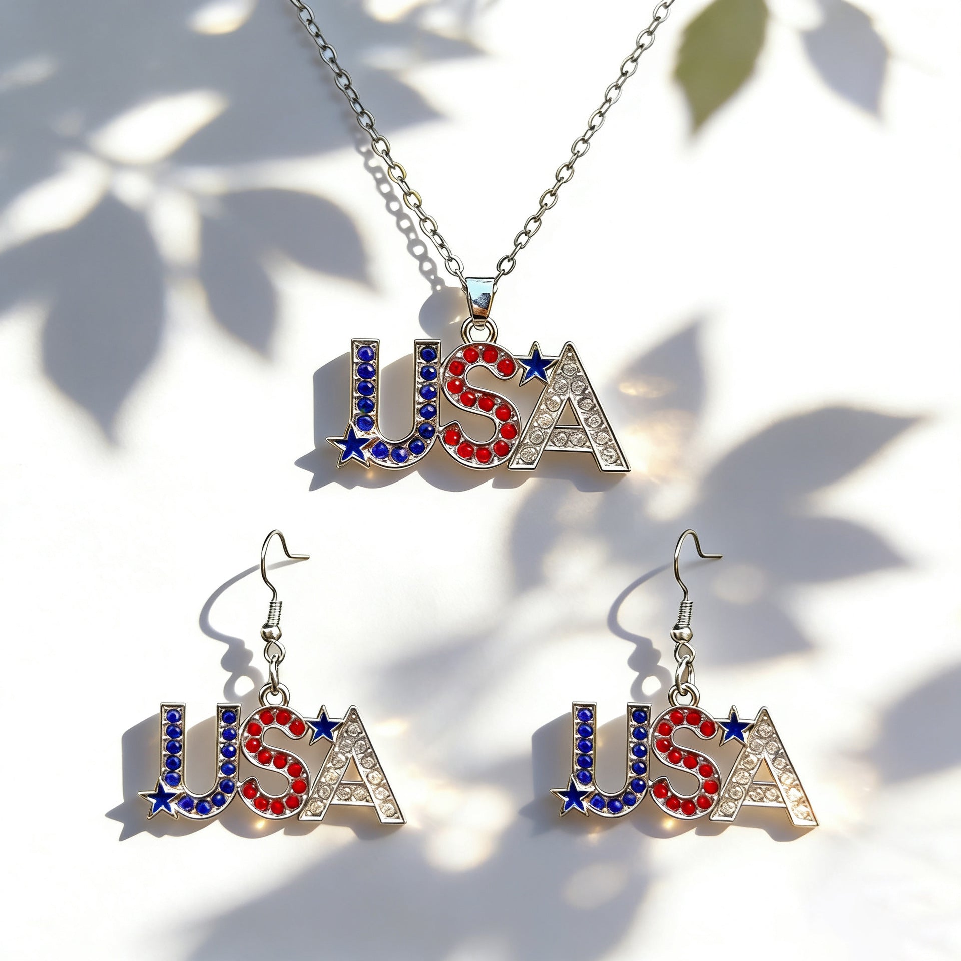 Independence Day Flag Color Five-pointed Star Love Map USA Alphabet Earrings Necklace Set
