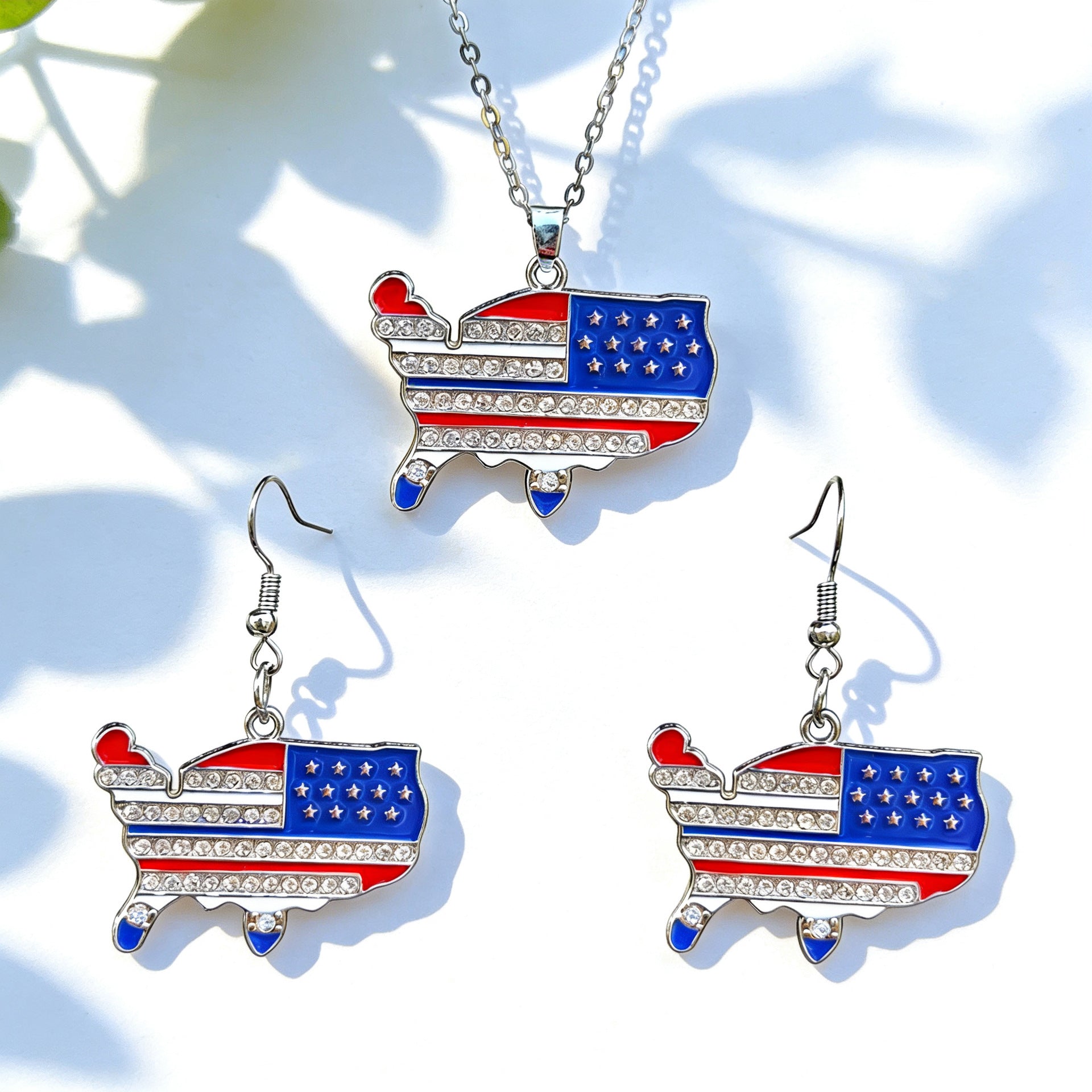 Independence Day Flag Color Five-pointed Star Love Map USA Alphabet Earrings Necklace Set