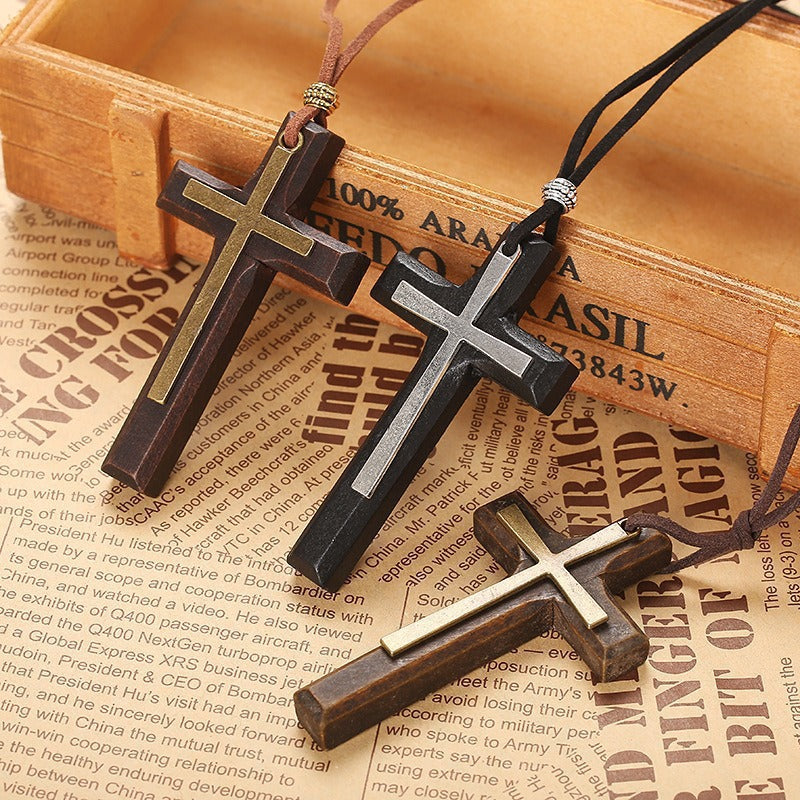 Vintage Handmade Double Layer Alloy Wood Cross Couple Necklace Car Hanging Accessories