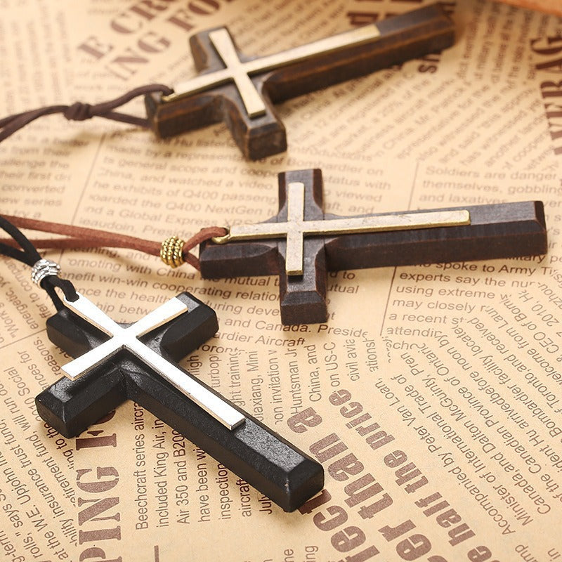 Vintage Handmade Double Layer Alloy Wood Cross Couple Necklace Car Hanging Accessories