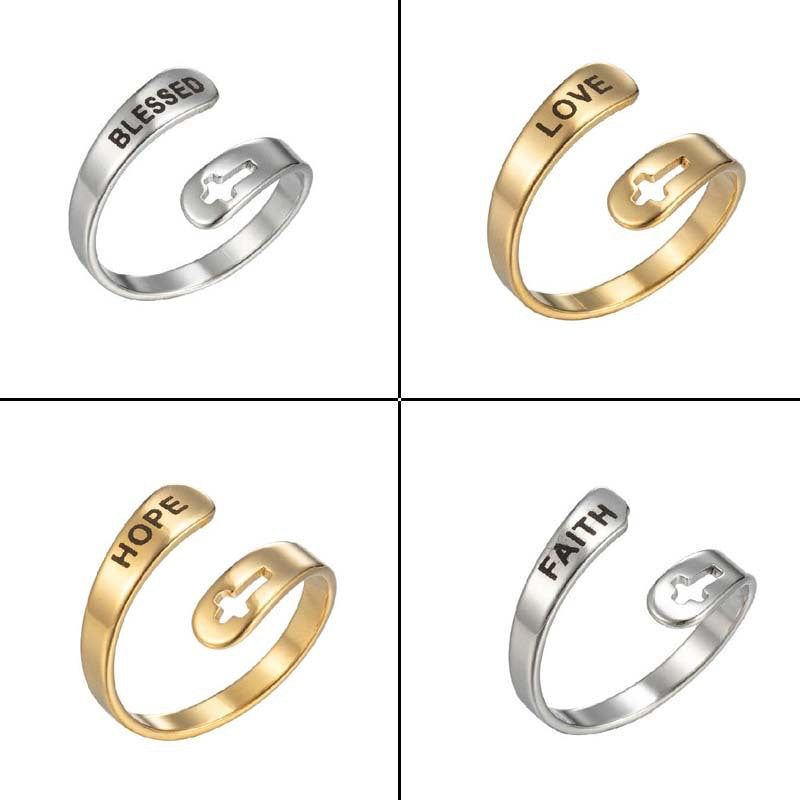 Cross Double Layer Faith Letter Ring Opening Adjustable