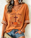 Fall for Jesus Print V-neck Loose T-shirt