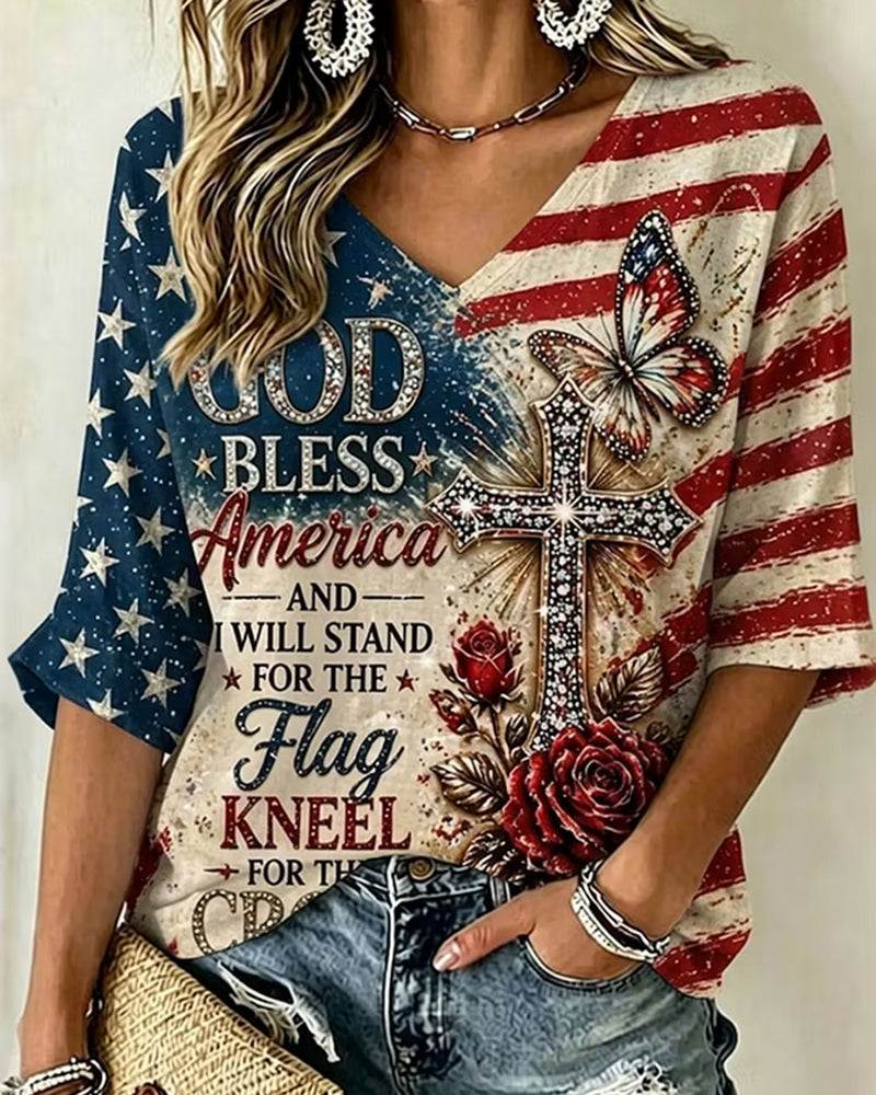 Women's Anniversary Independence Day Print Three Quarter Sleeves T-shirt