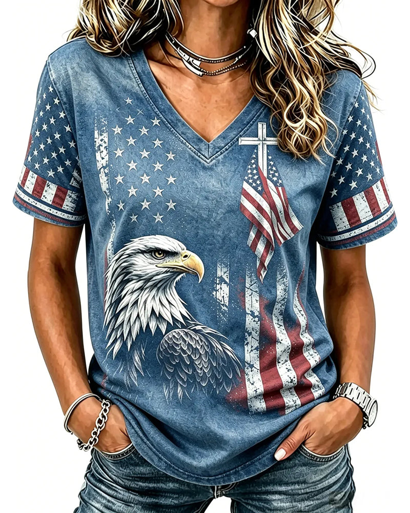 American Cross Flag Commemorative Print V-Neck Top