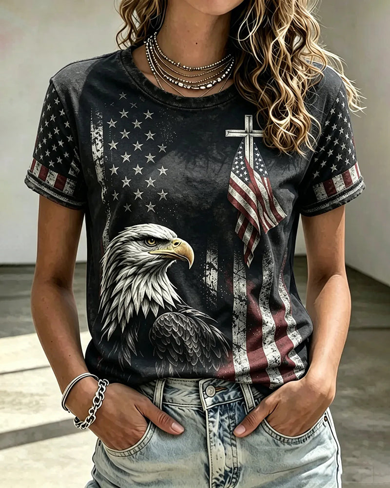 American Cross Flag Eagle Commemorative Print Round Neck Top