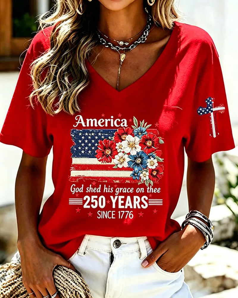 Women'S America Flower Print Printed T-Shirt