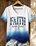 Blue-and-white Gradient FAITH Floral Scripture V-neck Short-sleeve T-shirt