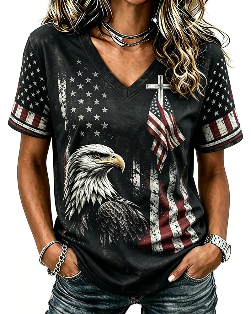 American Cross Flag Commemorative Print V-Neck Top