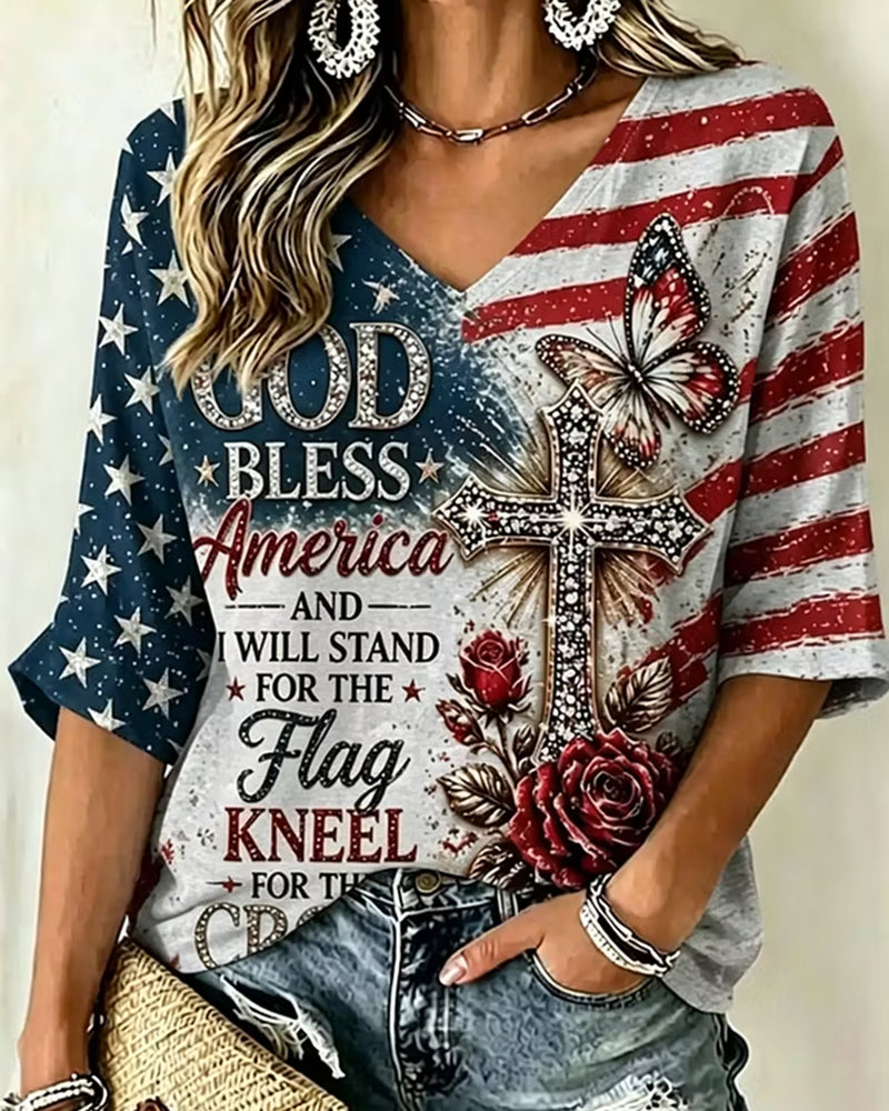 Women's Anniversary Independence Day Print Three Quarter Sleeves T-shirt