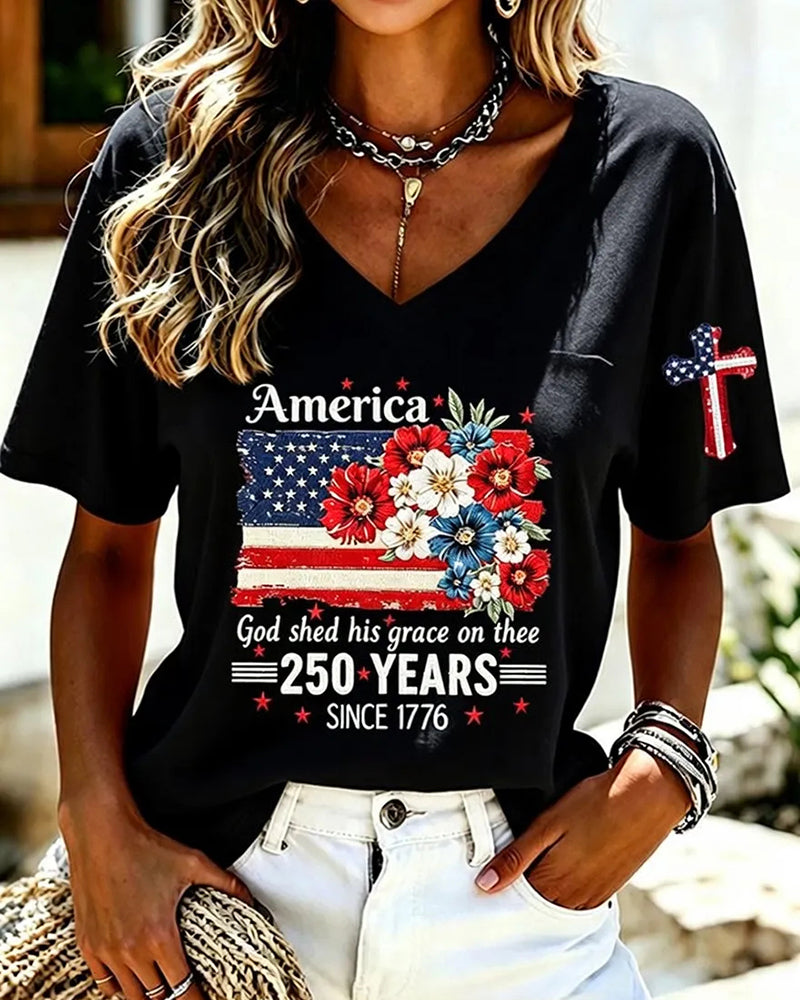 Women'S America Flower Print Printed T-Shirt