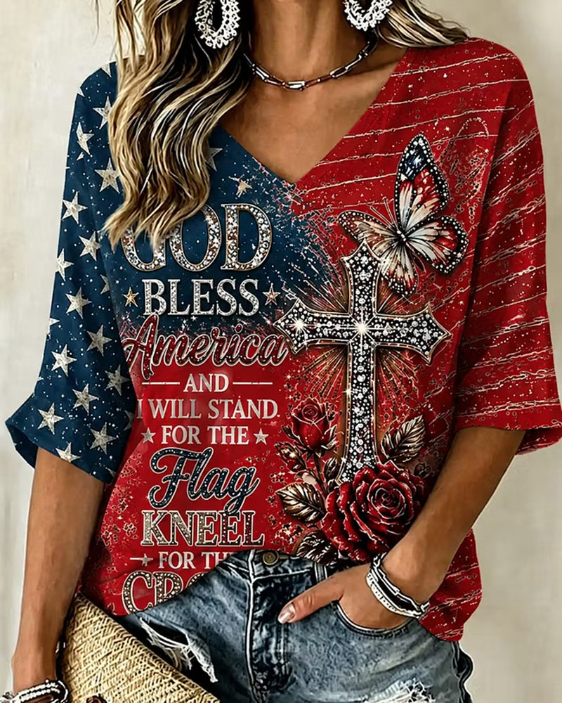 Women's Anniversary Independence Day Print Three Quarter Sleeves T-shirt