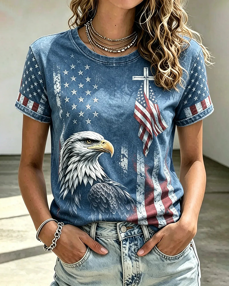 American Cross Flag Eagle Commemorative Print Round Neck Top